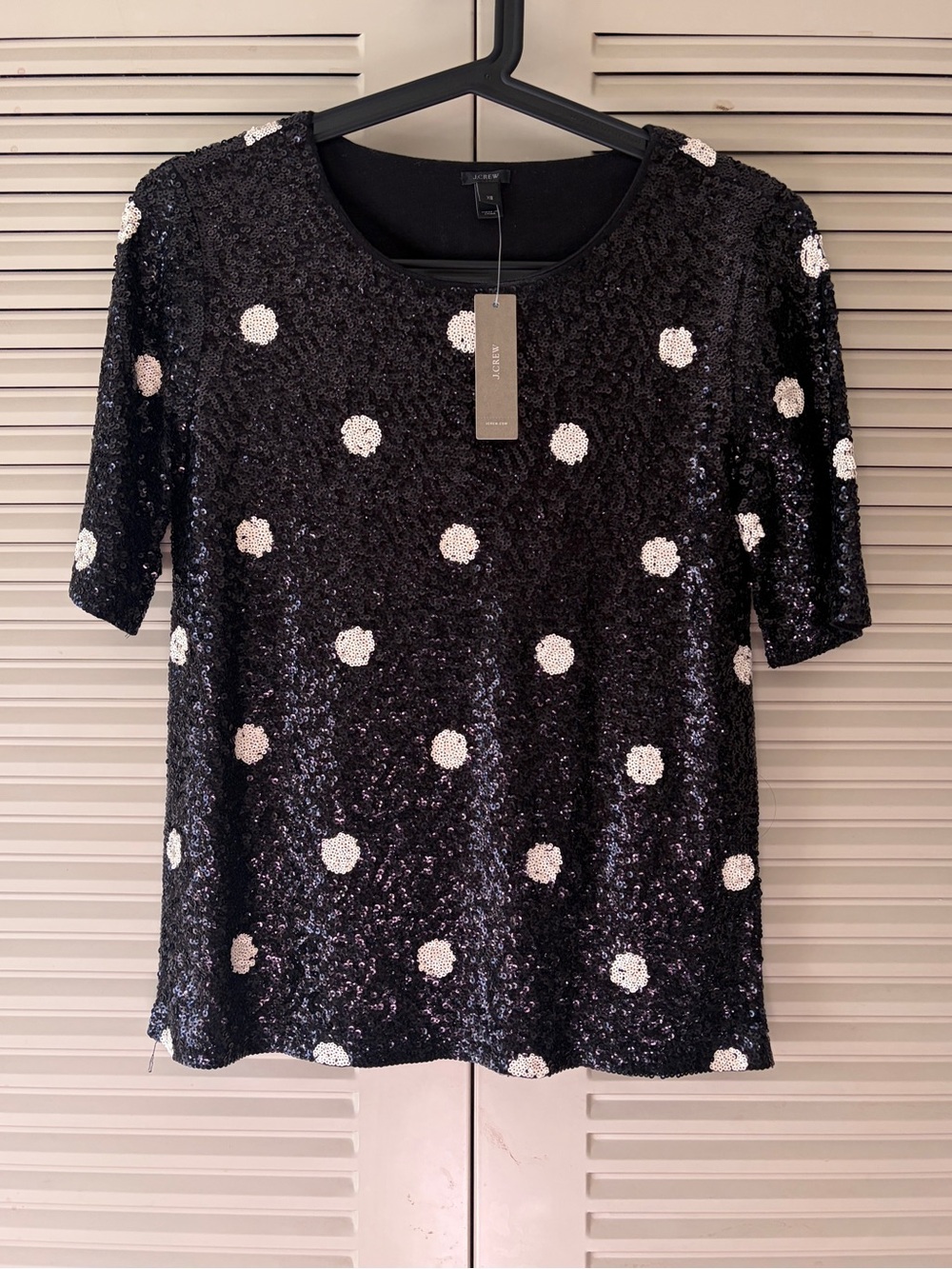 NWT J,. Crew Sequin Polka Dot Short Sleeve Top, Black/White, Size XS